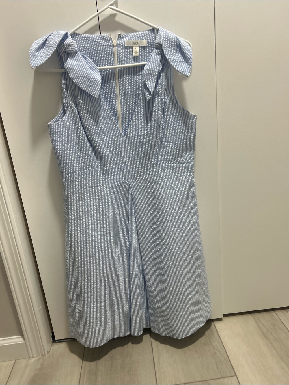 1901 Blue and White Seersucker Tie-Shoulder Mini Dress